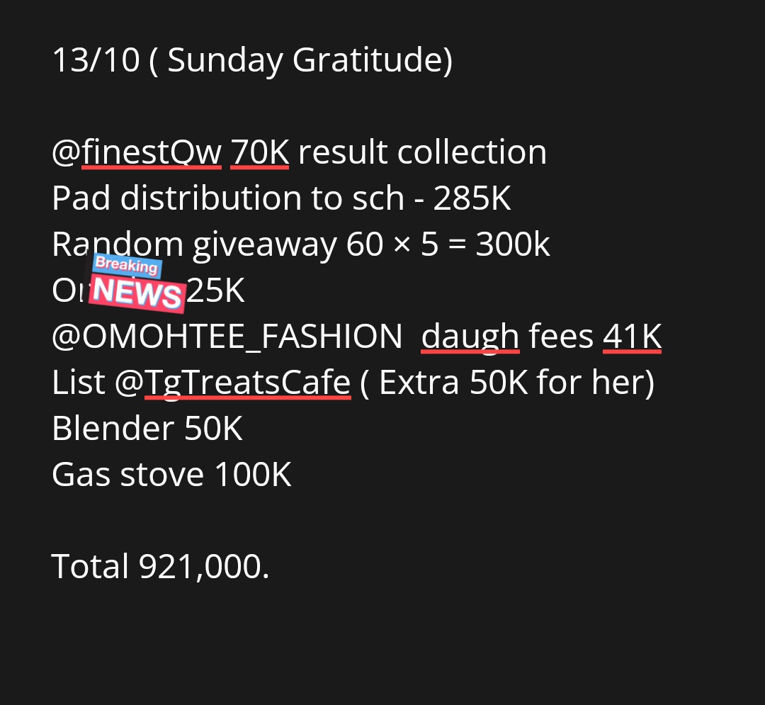odesanmijamal_'s tweet image. Sunday GRATITUDE 
TOTAL AMOUNT 921,000
All bills will be settled tomorrow latest. 
Thank you sir @gameintel9ja and God bless you always and continue to ease your affairs. 🙏