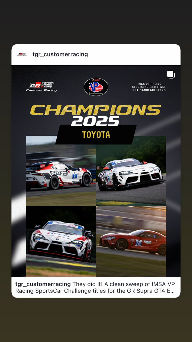 What a year.  Our first year in the <a href="/IMSA/">IMSA</a> VP Challenge Series was a success.  12/12 poles, 10/12 race wins, 9/12 Bronze Cup wins, Team, Driver, Bronze Driver and Manufacture Championships, and P3 in LMP3 Bronze Cup points.

More races to win and championships to chase this year!