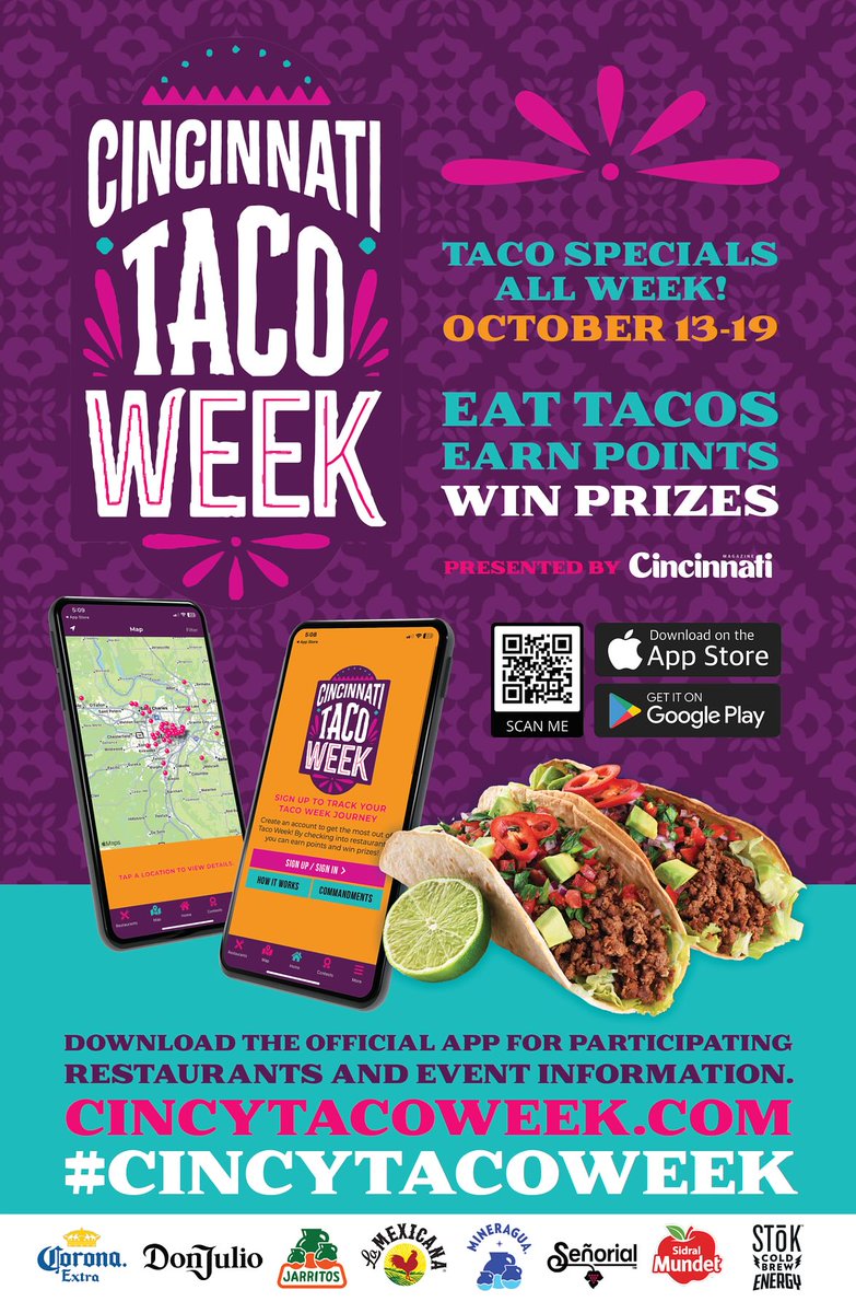 The 8th Annual Cincinnati Taco Week returns October 13-19 featuring the best tacos in Cincinnati! Enjoy  $2.50 tacos for the entire week.
 
Eat Tacos. Win Prizes. Download the app and plan your taco trek across the city! 📲qrco.de/bdKnVp

cincytacoweek.com