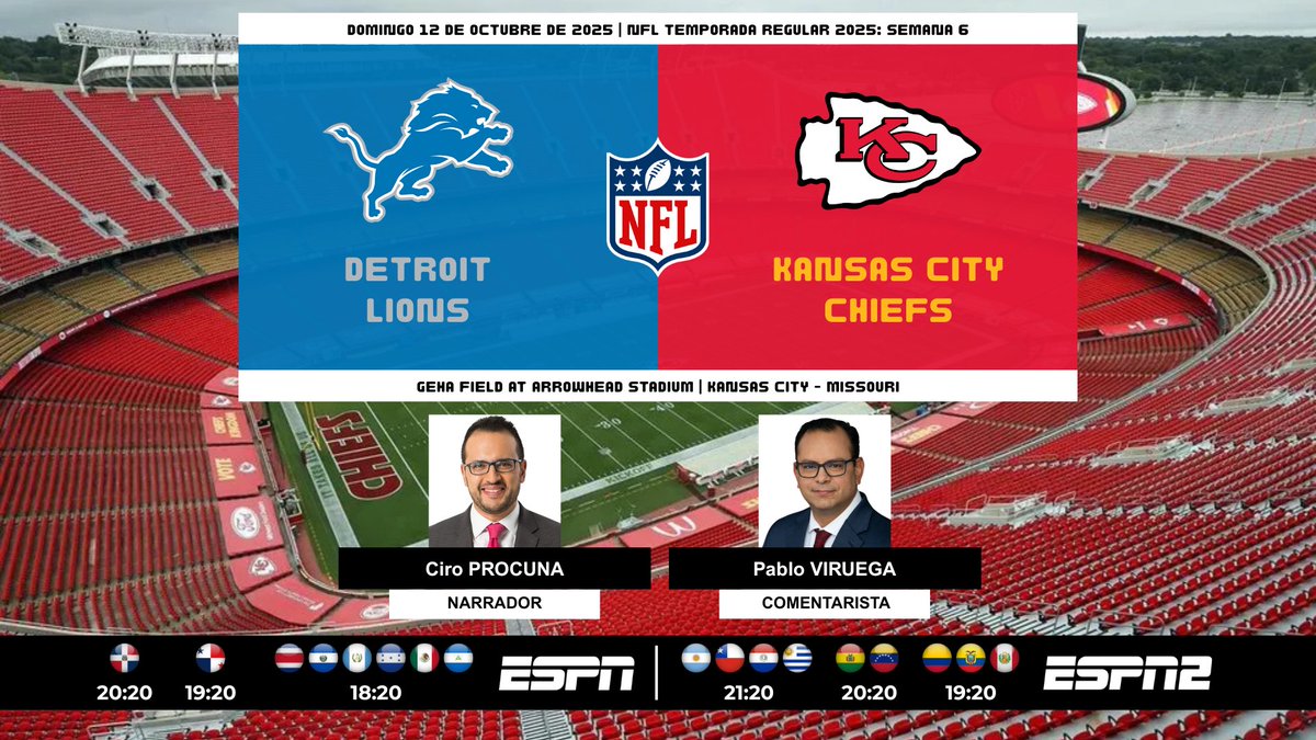 ProgramacionUS's tweet image. 🏈 #NFL 🇺🇸 | @Lions vs. @Chiefs
🎙️Narrador: @cprocuna
🎙️Comentarista: @PabloViruega
📺 #ESPN Centroamérica, 🇲🇽 y 🇩🇴 - #ESPN2 Sudamérica
💻📱@disneyplusla
#️⃣ #NFLxESPN - #SNF - #DETvsKC