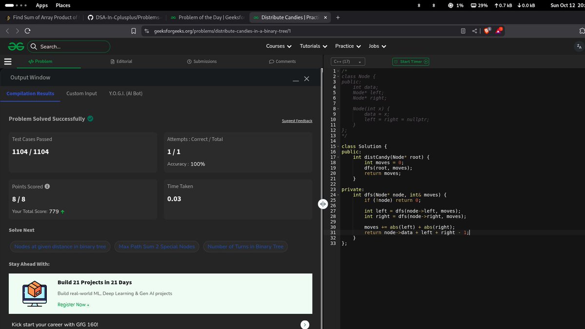 SaurabhKokate20's tweet image. ⚡ Day 198 of Problem Solving ✅
Two days away from 200! 🚀
The goal was consistency — the result is growth. 🔥
#GeekStreak2025 @geeksforgeeks
#DSA #ProblemSolving #100DaysOfCode #CodingJourney #DeveloperLife #TechTwitter #buildinpublic