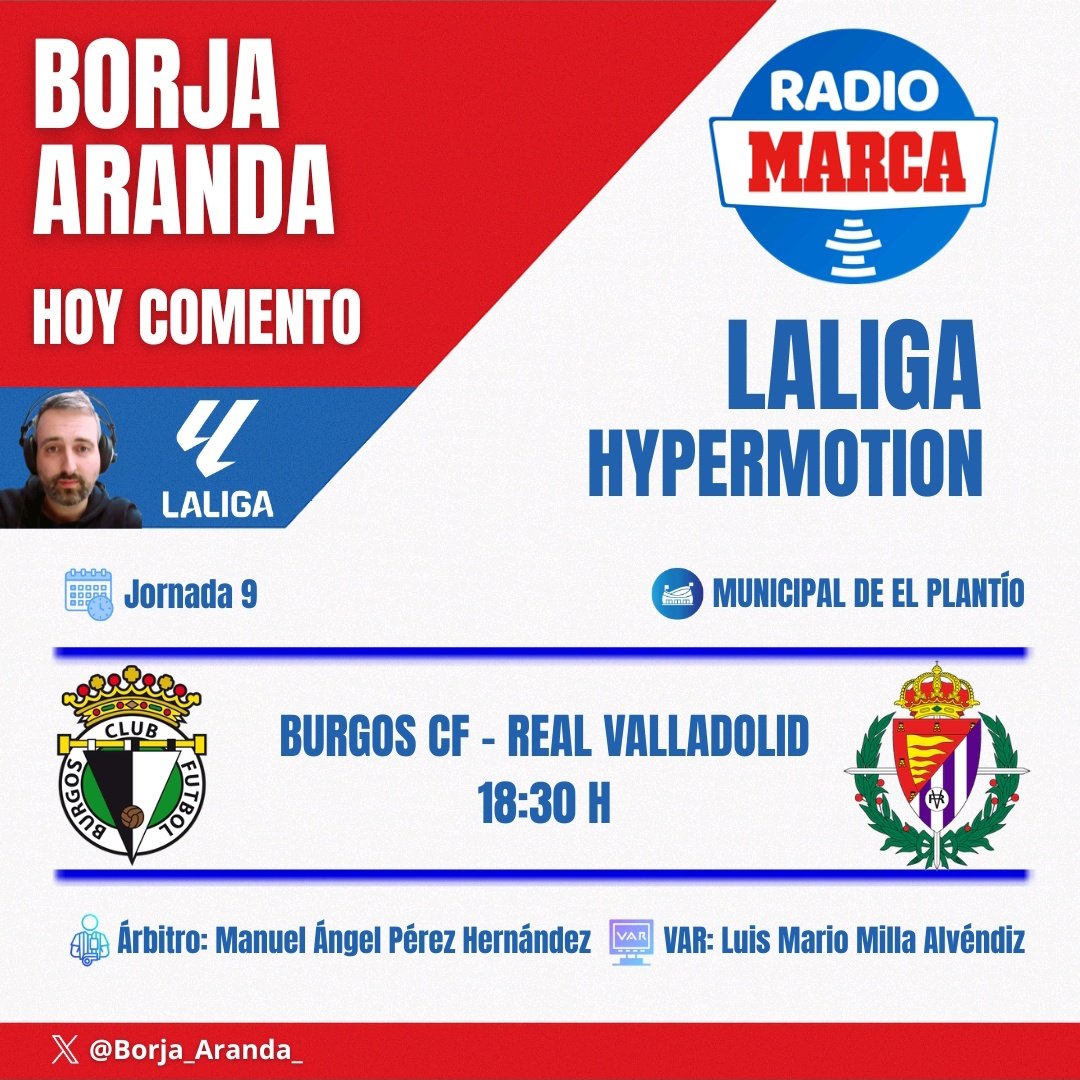 Borja_Aranda_'s tweet photo. ¡Seguimos con @LaLiga2 en @RadioMARCA!

🗓️ Jornada 9
🏟️ Nuevo Mirandilla
⚽ @Cadiz_CF - @SDHuesca
🗣️ @Liandrola

🏟️ El Plantío
⚽ @Burgos_CF - @realvalladolid
🗣️ @jesus_pucela

🕑 18:30 H
🎙️ @AlvaroMongil

#LALIGAHYPERMOTION | #LaRadioDelDeporte 📻❤️💙 https://t.co/FE16E2zVe4