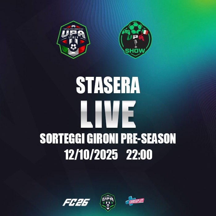 💥 VPA ITALY SHOW 💥

🔥 SORTEGGI PRE-SEASON LIVE! 🔥
Sintonizzati stasera su Twitch 👉
🔗 twitch.tv/cr081_tv

🎮 Vieni su Twitch stasera a scoprire le esclusive VPA ITALY!

💬 Con Carmine in diretta: chiacchiere, curiosità e colpi di scena da non perdere!