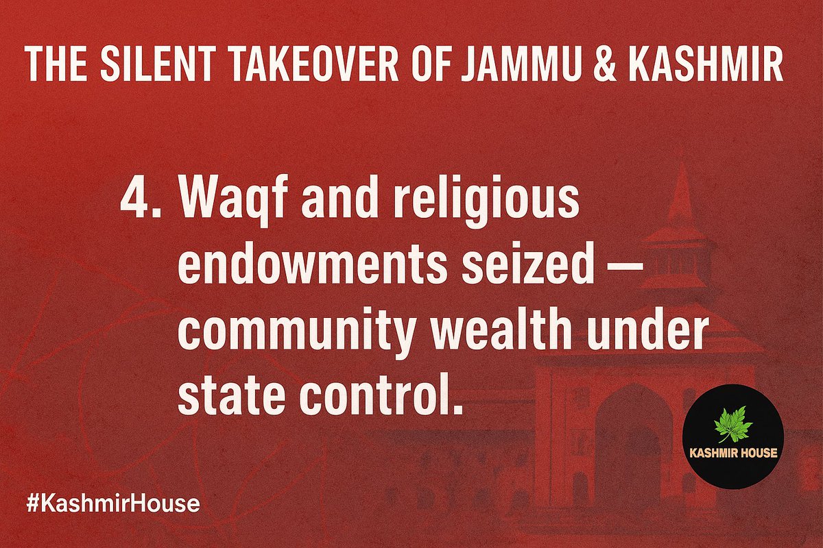 KashmirTurkey's tweet image. Tweet 5:
4️⃣ Waqf and Muslim religious institutions seized.
New Delhi now controls community endowments built by generations of Kashmiri Muslims.
#EndColonialRule #ReligiousControl
