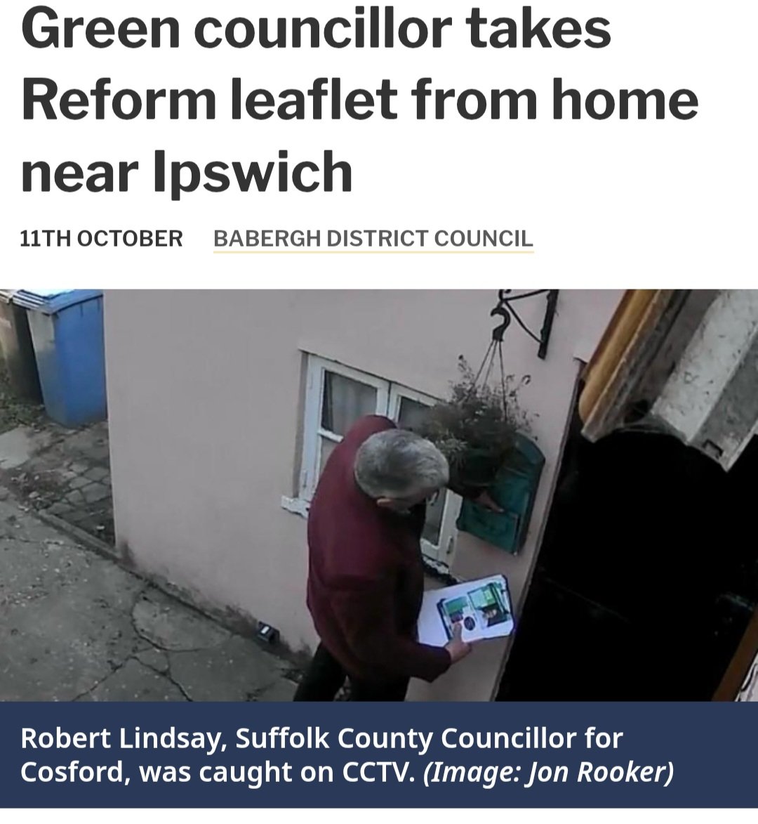 Sweettalkin53's tweet image. A Green Party councillor has been accused of acting undemocratically after he was "caught red-handed" removing a Reform UK leaflet from a letterbox while canvassing for a by-election.
Apparently, this wasn't the first time.
@robjlinds
@reformparty_uk