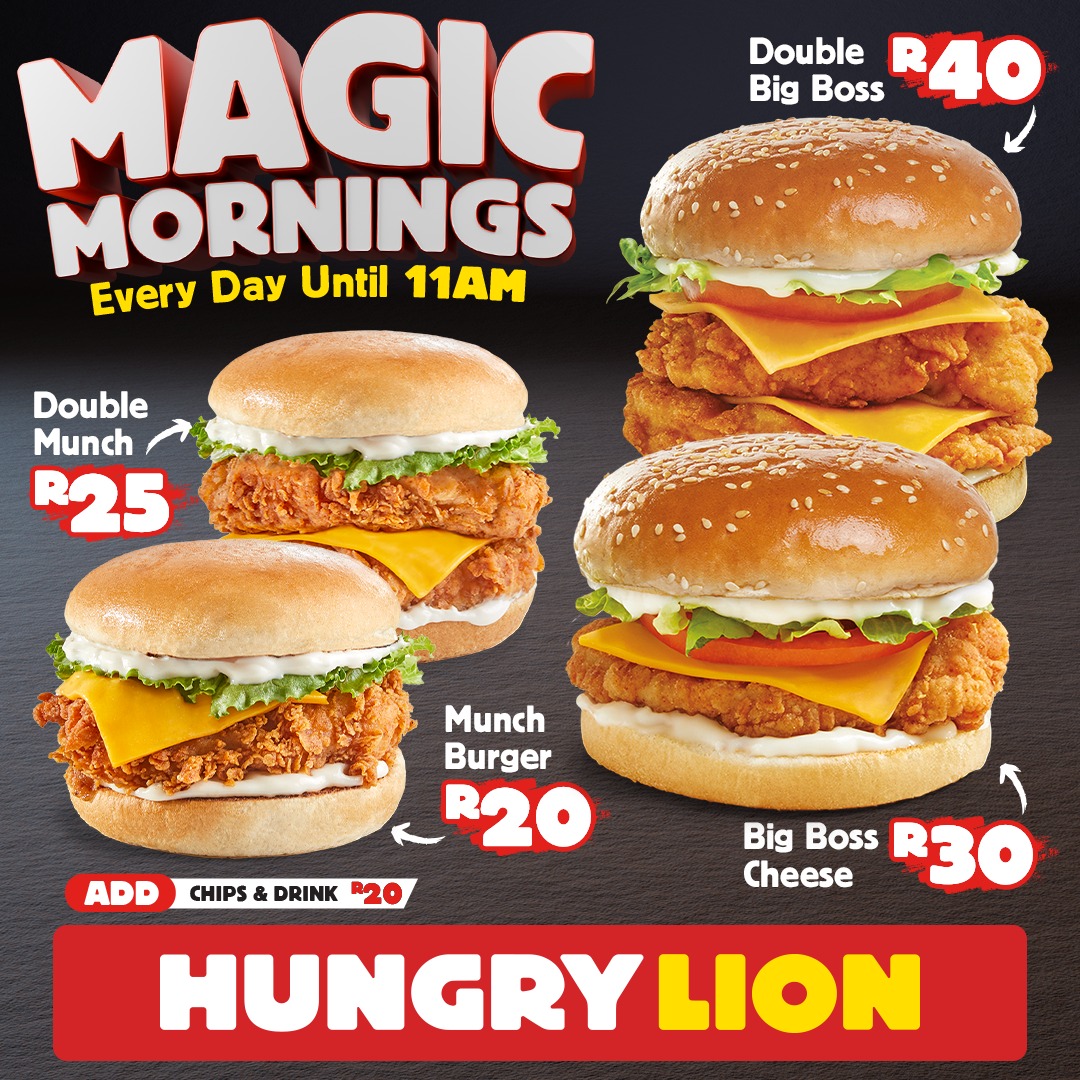 Start your day with a BIG burger! 🍔
> Munch Burger – R20
> Double Munch – R25
> Big Boss Cheese – R30
> Double Big Boss – R40
Until 11 AM only - don’t miss it!