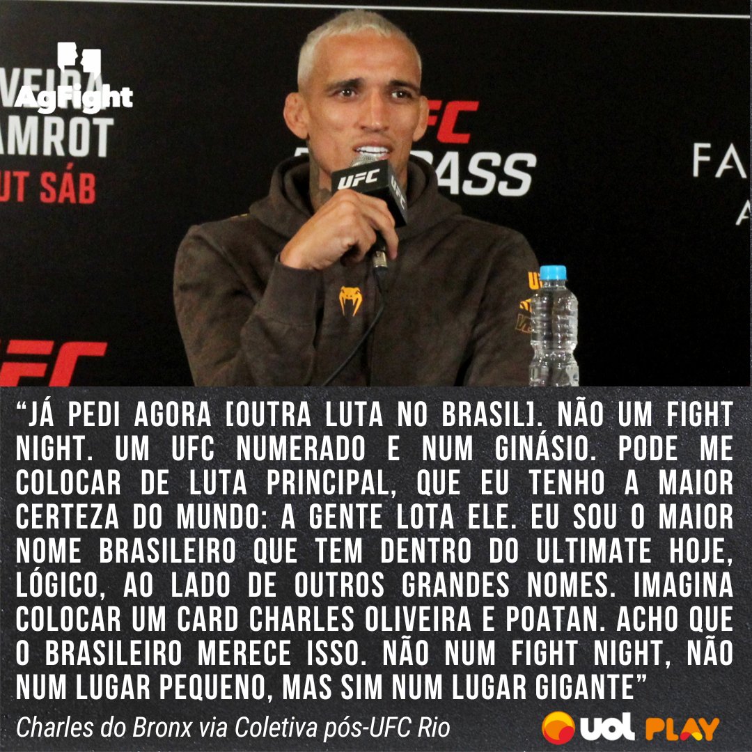 AgFight's tweet image. 🚨 PASSOU O RECADO

Depois de brilhar no UFC Rio, Charles quer card numerado no Brasil com ginásio lotado e até Poatan no card!
O homem está com moral.

#UFC #CharlesDoBronx
