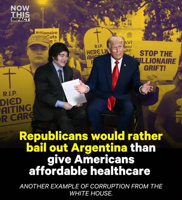 lisakrstin's tweet image. #DemsUnited #DV1 
Trump bails out Argentina to the tune of $20 billion while 20 million people will lose their healthcare due to his big ugly bill.