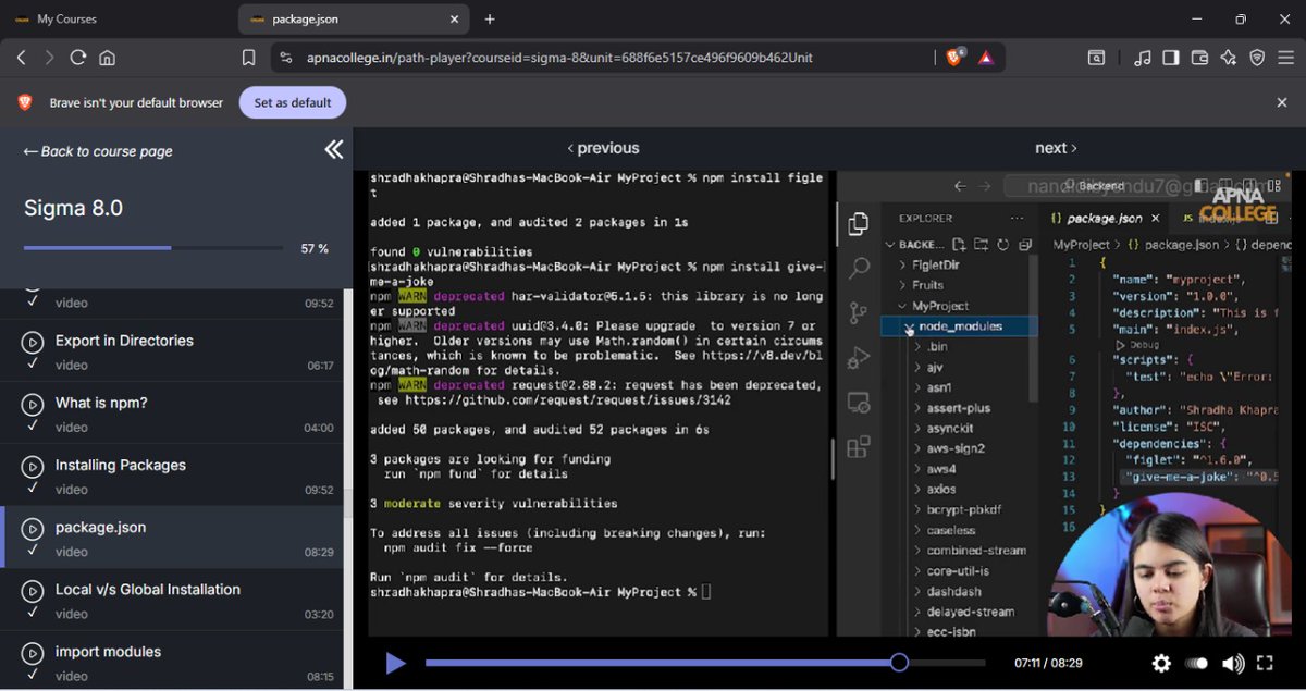 dibyendu2005's tweet image. 🧠 Day 38 of #100DaysOfCode

Node.js getting serious now 😎
Today I learned —
📦 What is npm &amp;amp; how packages work
⚙️ Local vs Global installation
🗂️ Exporting modules (files &amp;amp; directories)
🧾 package.json setup

Feels like unlocking Node’s secret powers 🚀
#Nodejs #backend #MERN