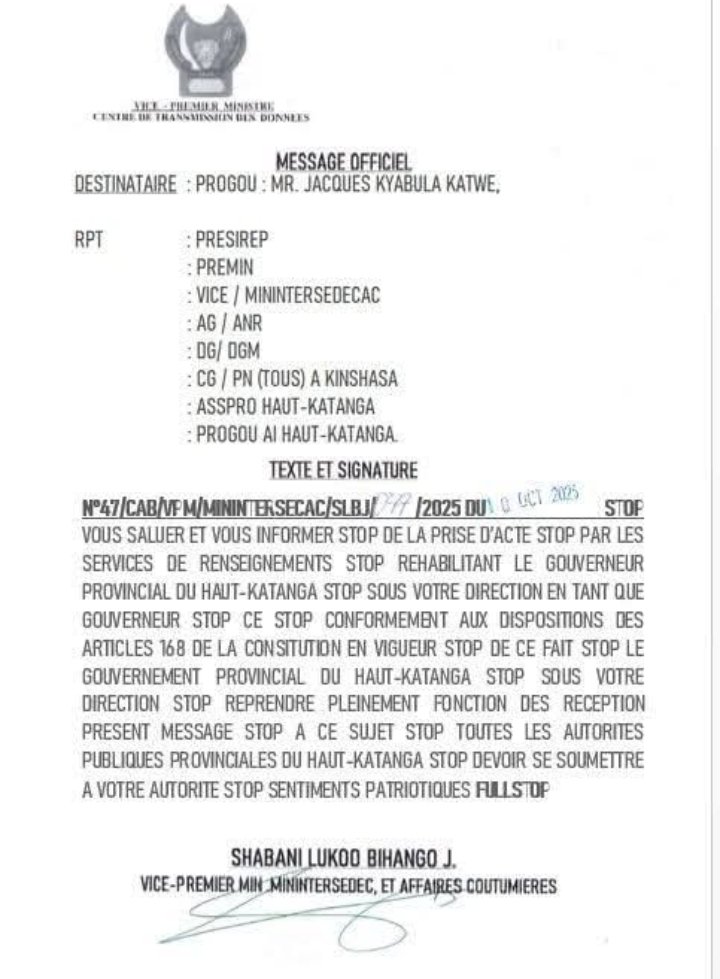 Le Gouverneur Jacques Kyabula a été réhabilité de ses fonctions après un long moment passé à Kinshasa sans explication.