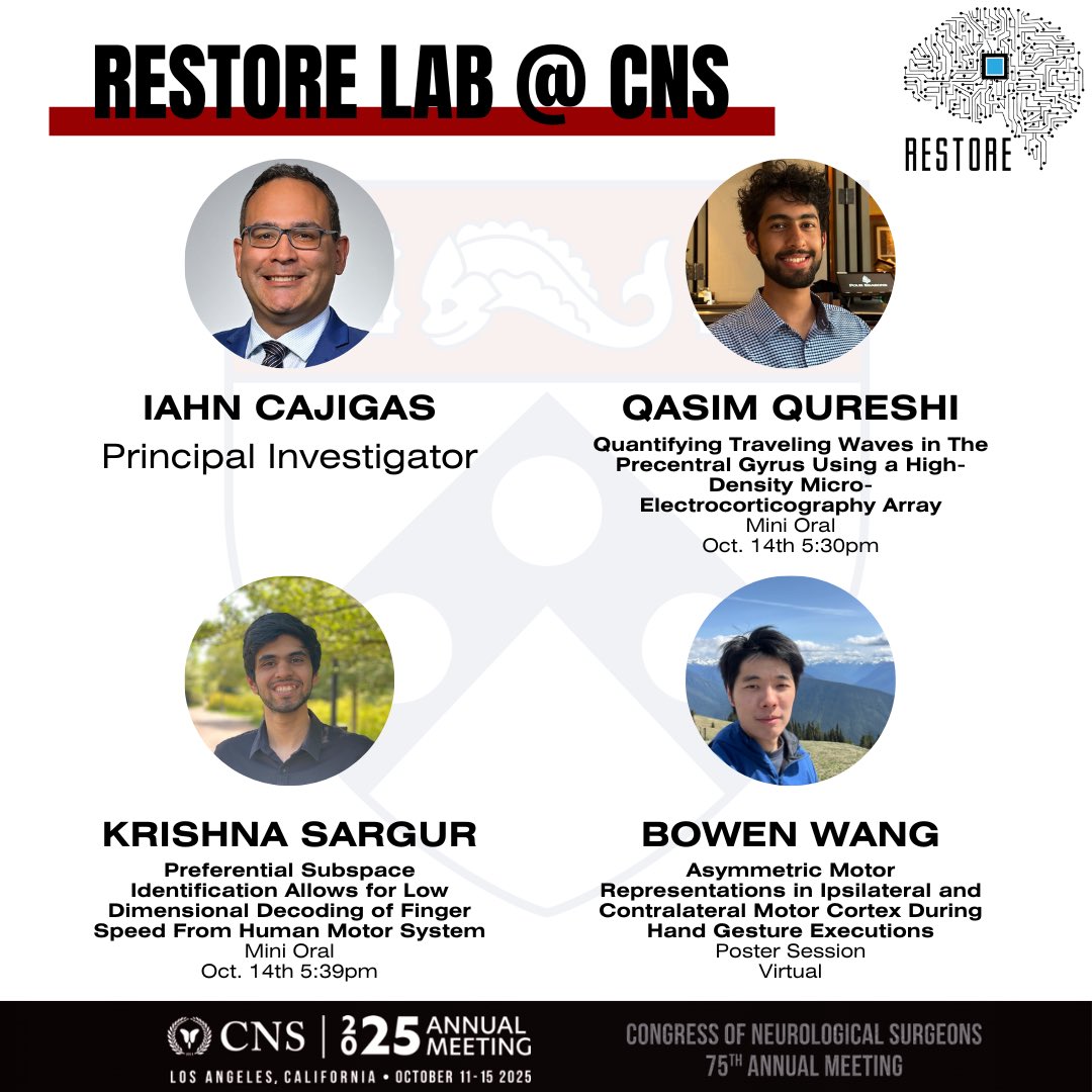 Proud to see our <a href="/PennMedicine/">Penn Medicine</a> <a href="/PennNSG/">Penn Neurosurgery</a> RESToRe Lab team sharing their work at #CNS2025.
Proud of my students and collaborators pushing the science of human motor control and #BCI forward. #Neurosurgery #Neuroengineering <a href="/CNS_Update/">CNS</a>