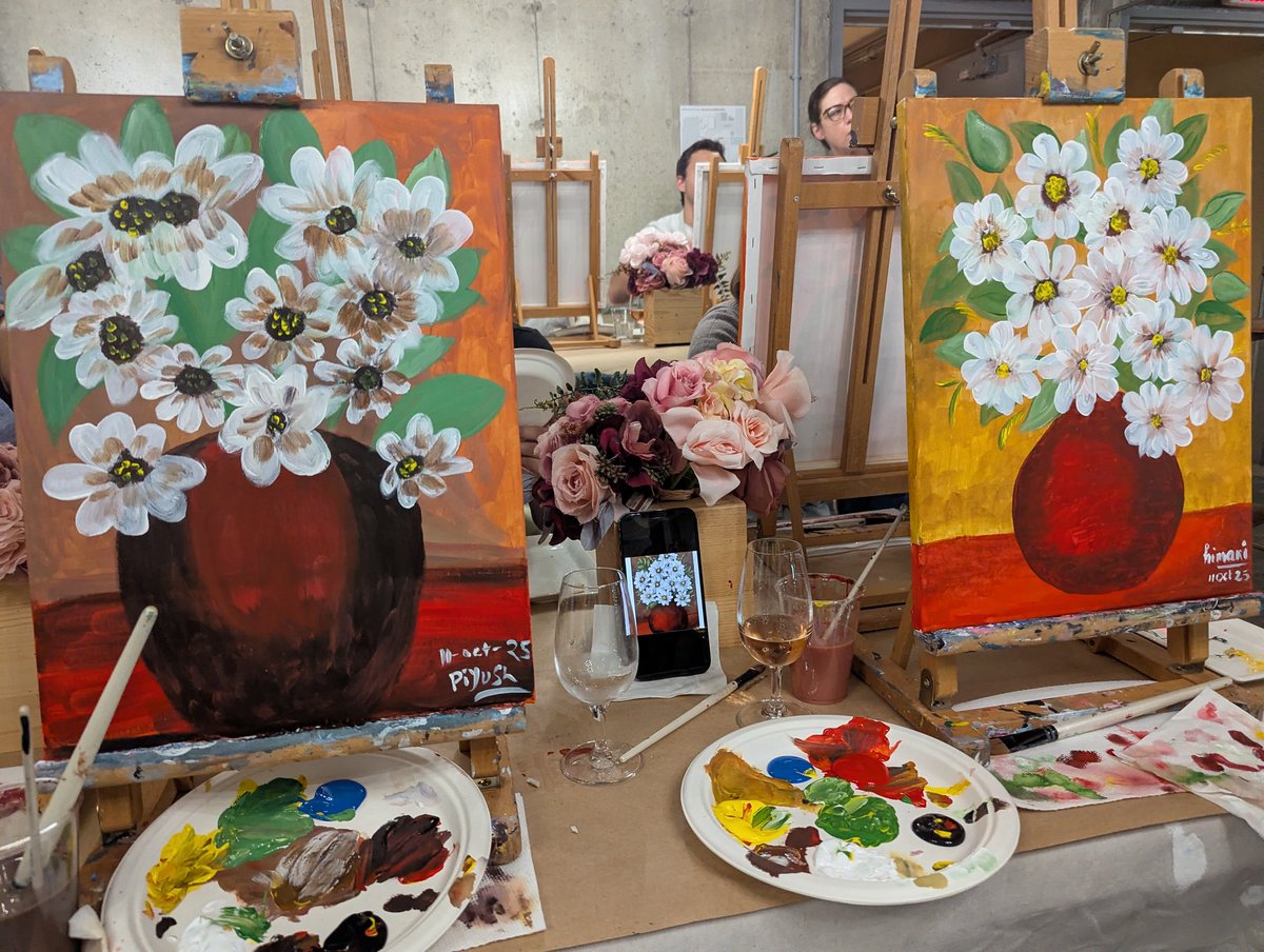 techie_piyush's tweet image. It was our 9th wedding anniversary. She loves to paint and I love to drink so I took her to the winery where we can paint while doing the wine tasting. She is happy, I am happy ❤️
By the way, the right painting was hers and you can judge my painting all you want.