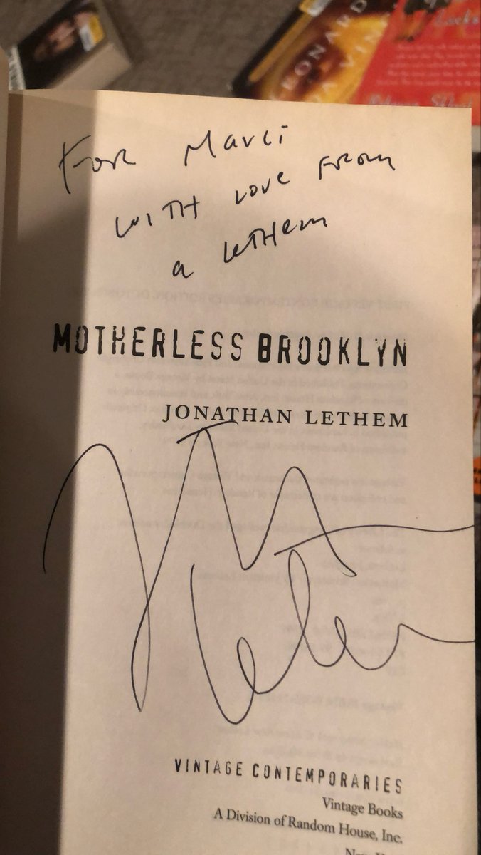 thekevinmcp's tweet image. Love when this happens. I am pretty good (if I do say so myself 😉) at finding used books signed by the author. 

The best one was a copy of Motherless Brooklyn by Jonathan Lethem: “For Marli, With love from a Lethem” - found in Kansas City, Missouri
