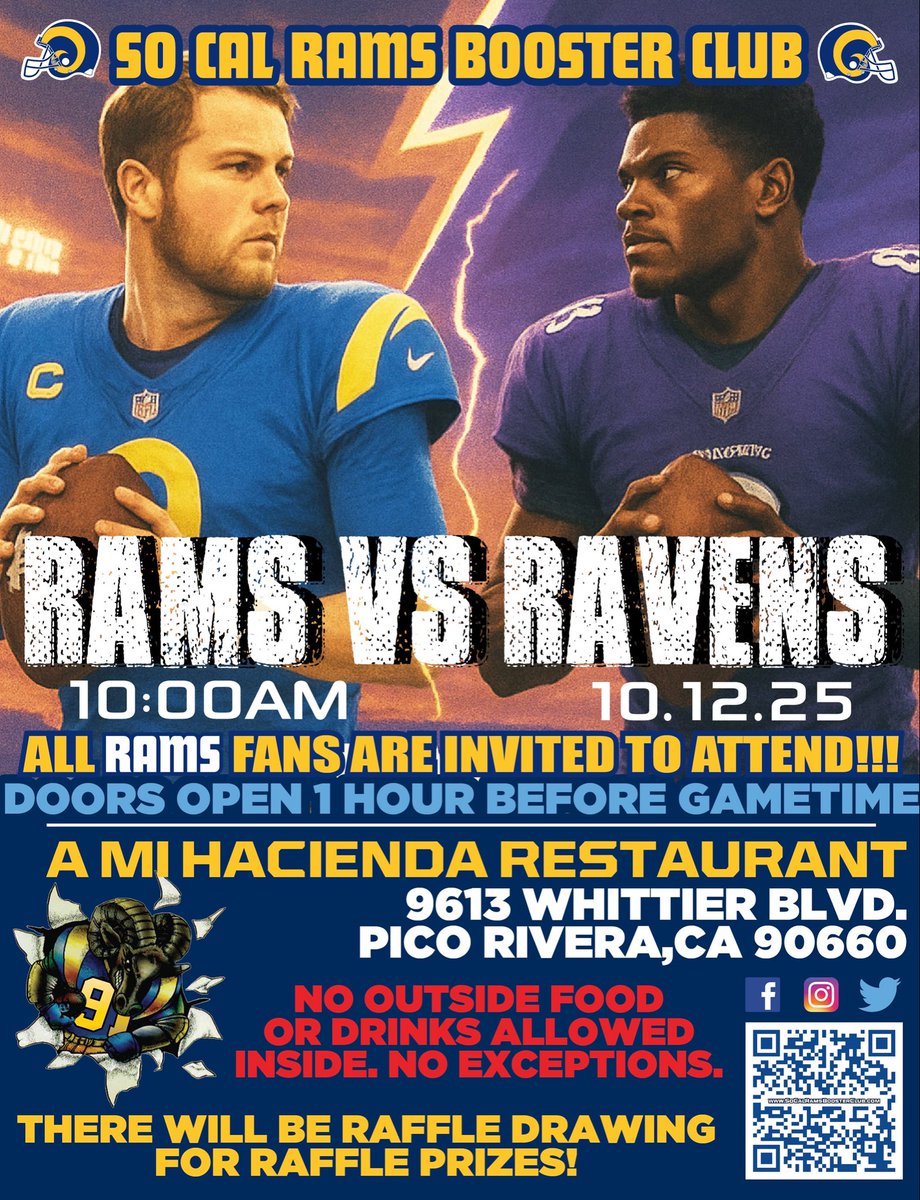 SoCalRamsBC's tweet photo. Rams Fans!! JOIN US at A Mi Hacienda #PicoRivwra for @RamsNFL vs Ravens. ๐ฅTHERE WILL BE A SURPRISE FREEBIE ON GAMEDAY, SO JOIN US!!๐ฅ#SoCalRamsBoosterClub #SoCalRams #LARams #LosAngelesRams https://t.co/xmf9Uq6GTq
