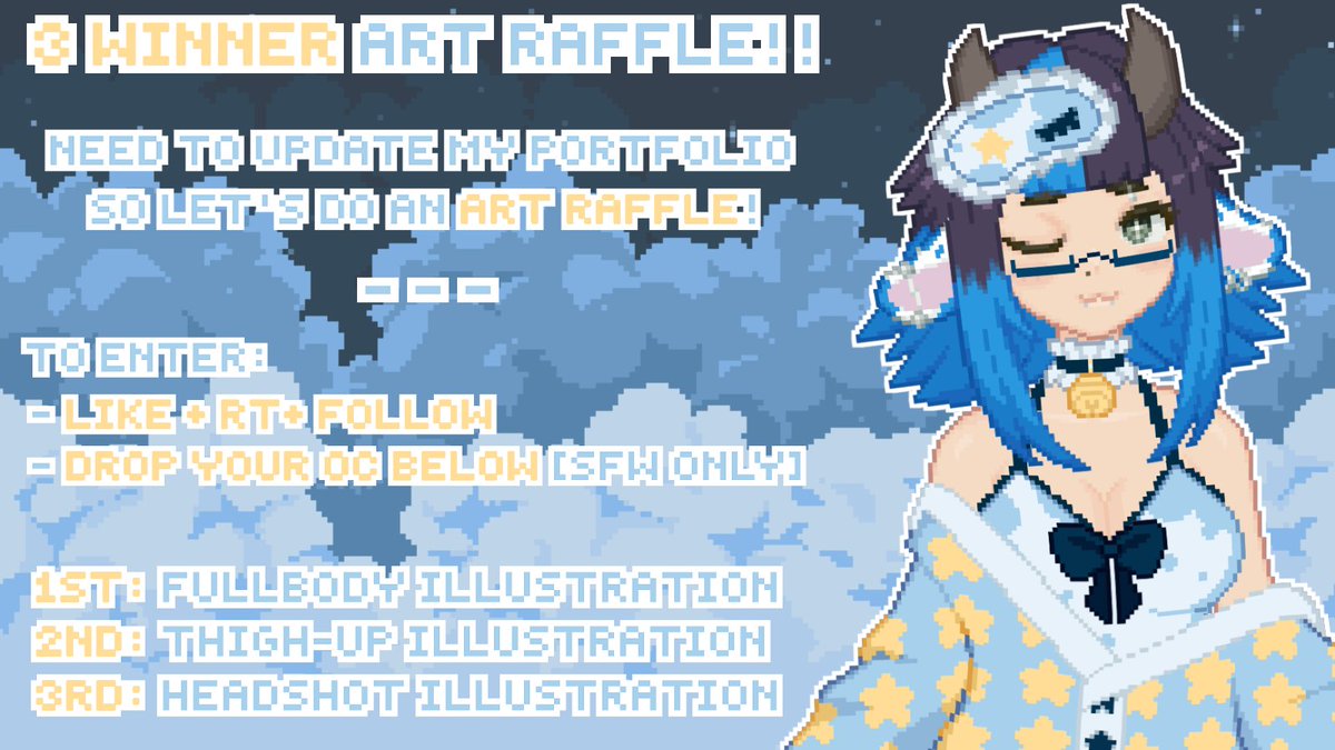 *.✧₊ ART RAFFLE ₊✧.*

🥇 Fullbody Illustration
🥈 Thigh-up Illustration
🥉 Headshot Illustration

To Enter:
✩ Like + RT + Follow
✩ Drop your OC below [SFW Only]

🗓 Ends: Nov 1st
3 winners, don't miss out! Good luck everyone!!

*.✧ #artraffle #artgiveaway ✧