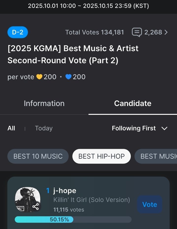 D-2 Reminder ‼️ [2025 KGMA]
Best Music &amp; Artist Second-Round Vote  via Fancast app for j-hope 

BEST HIP-HOP 🏆 Killin' It Girl
🗳fancast.go.link/dVxqg

Collect heart via Ad watch, Mission
Vote for j-hope 👏