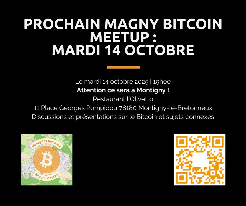 Rappel qu'après-demain aura lieu le Magny Bitcoin Meetup et qu'il se déroulera dans une pizzeria de Montigny le Bretonneux acceptant Bitcoin via LN.
Venez nombreux si les sujets économiques, sociétaux et écologiques vous parlent.
<a href="/sqy/">Saint-Quentin-en-Yvelines 🚀</a> <a href="/LaGazetteSqy/">La Gazette de Saint-Quentin-en-Yvelines</a> <a href="/VilleMontigny78/">Ville de Montigny-le-Bretonneux</a>