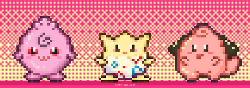 nonkawaiiart's tweet photo. 💗 Pokemon Babies Pixel art 💗 (Igglybuff, Togepi, Cleffa)
RTs are appreciated <3
#pokemon #pixelart #vgenartist #VGenComm #artmoots #togepi #igglybuff #cleffa #pokemonfanart #fanart https://t.co/oULLRSqGhN
