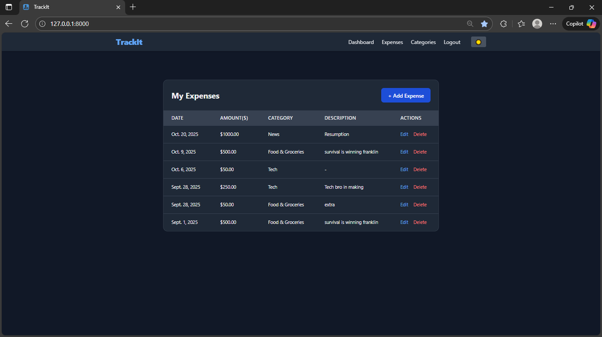 PeterOlay's tweet photo. Just built an Expense Tracker!
Track spending, manage categories, and visualize your finances with interactive charts.

Built with #Django #Python &amp; #ChartJS
Includes dark mode + responsive design.

Check it out: https://t.co/SXM2lWSrkh

#Portfolio #OpenSource #WebDev #FinanceApp https://t.co/vJFIlCOuqP