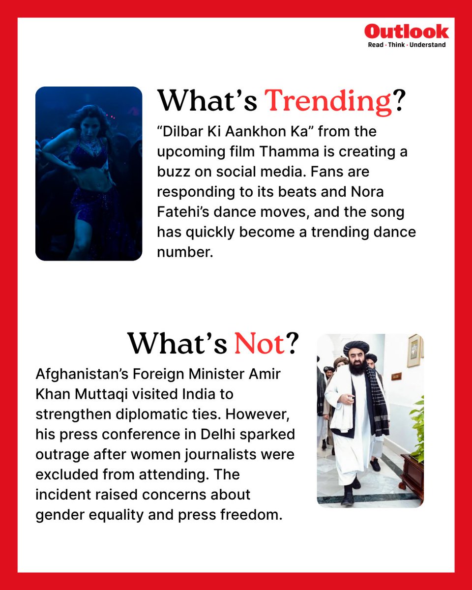 Outlookindia's tweet image. #WeeklyRecap #Trending #WomenJournalist #DalitOfficer #HardikPandya #NoraFatehi #AfghanistanMinister #MadhyaPradesh #CoughSyrup #UttarPradesh #MissUniverse