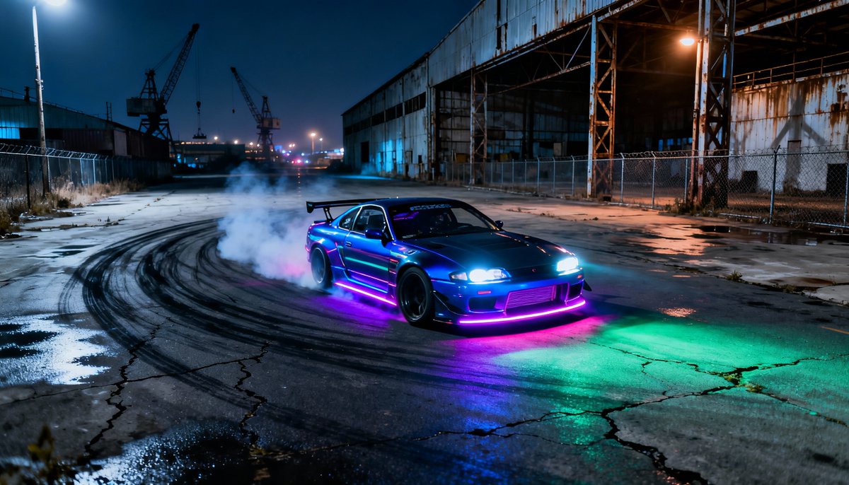 PromptSin's tweet image. Light up your night with style! 🚗✨ Feel the thrill and chase your dreams. #LateNightVibes #CarCulture