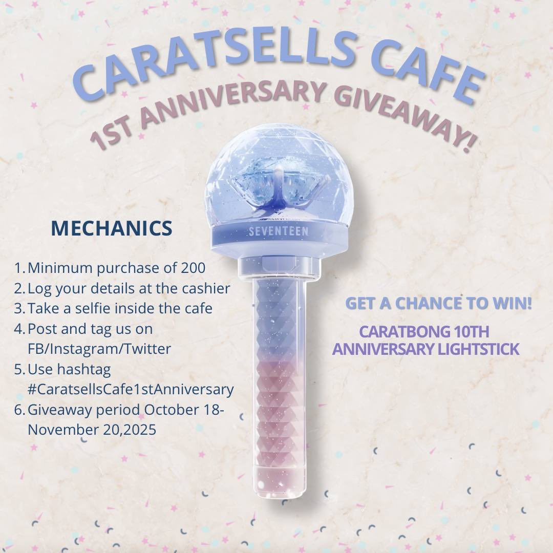 caratsellsmain's tweet photo. GIVEAWAY ALERT!!!
✨ Celebrate our 1st Anniversary with a bang! ✨

Win a Caratbong 10th Anniversary Lightstick! 💎

📍Caratsells Cafe, Gulod, Cabuyao
🗓️ Oct 18–Nov 20, 2025
Join now &amp; be part of the fun! ☕💜

#CaratsellsCafe1stAnniversary #CaratPH #Seventeen #KpopCafe #CARAT https://t.co/fjAL3PrRTw