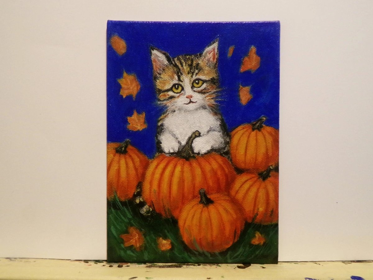 CMiller_Artist's tweet photo. Painting of Kitten and Pumpkins with Fall leves. 5x7. Available on ebay. See link in my bio. #Art #ArtistOnX #ArtForSale #Painting #IndyArtist #Cat #Kitten #AnimalArt #Wildlife #Halloween #HalloweenArt #Fall https://t.co/kYDdclMpgY