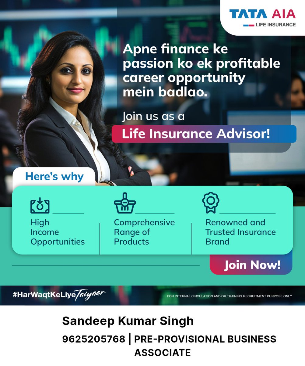 sandeepksingh_'s tweet image. Apne finance ke passion ko ek profitable career opportunity mein badlao.

To Become TATA AIA Life Insurance Advisor, Click here:
 sandeepkumarsingh7.tataaiapartner.com/?tid=d0ccg

Sandeep Kumar Singh
9625205768