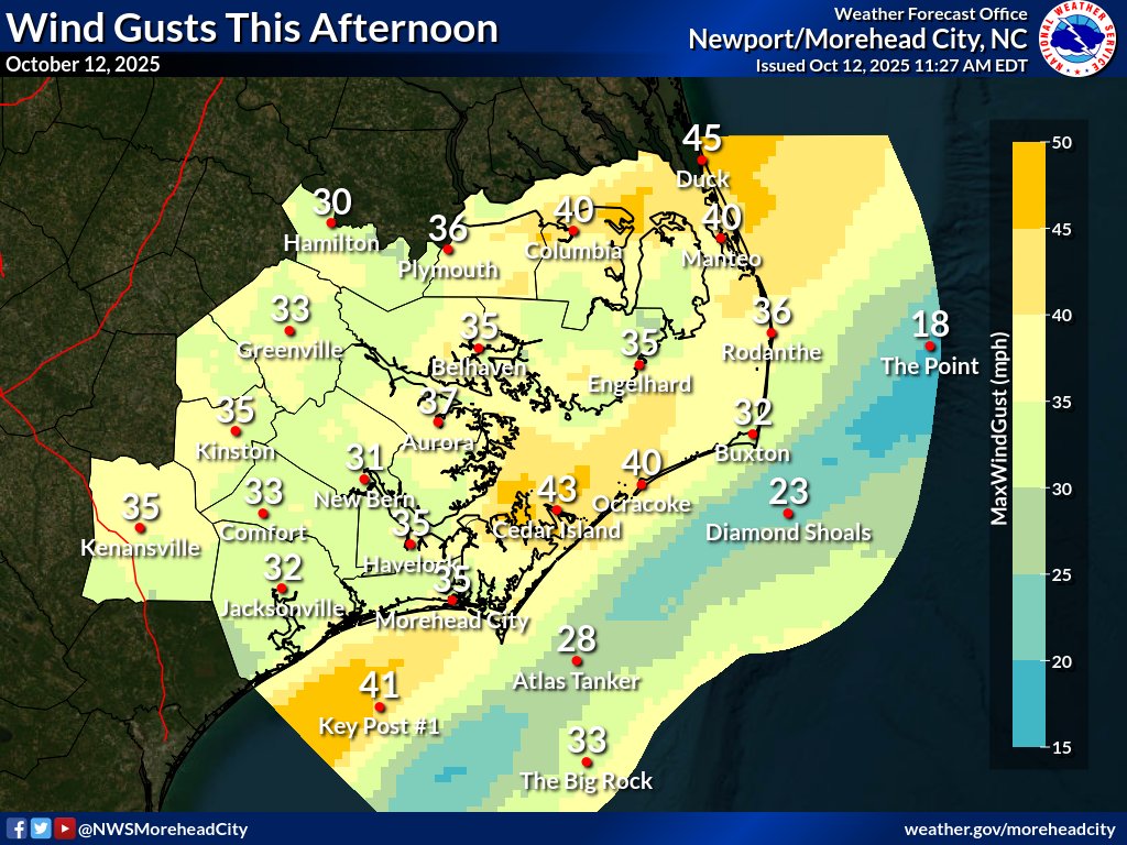A breezy day continues through this afternoon. The highest winds were observed last night and early this morning as the low pressure system reached it's maximum intensity off of the SE NC coast. Attached are expected wind gusts through the rest of the day.