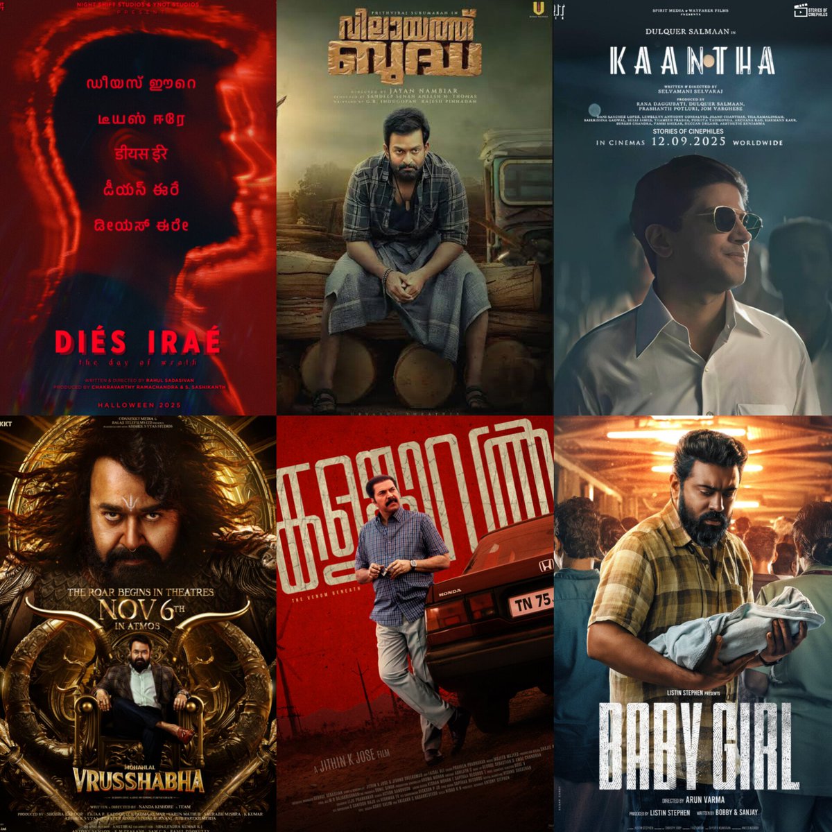 WECineLoco's tweet photo. Oct - Nov Mollywood Stars Major Releases : 

#Vrusshabha (Nov 6)
#KalamKaval 
#Kaantha
#VilaayathBudha 
#DiesIrae (Oct 31)
#BabyGirl https://t.co/7kkgG3F3iz