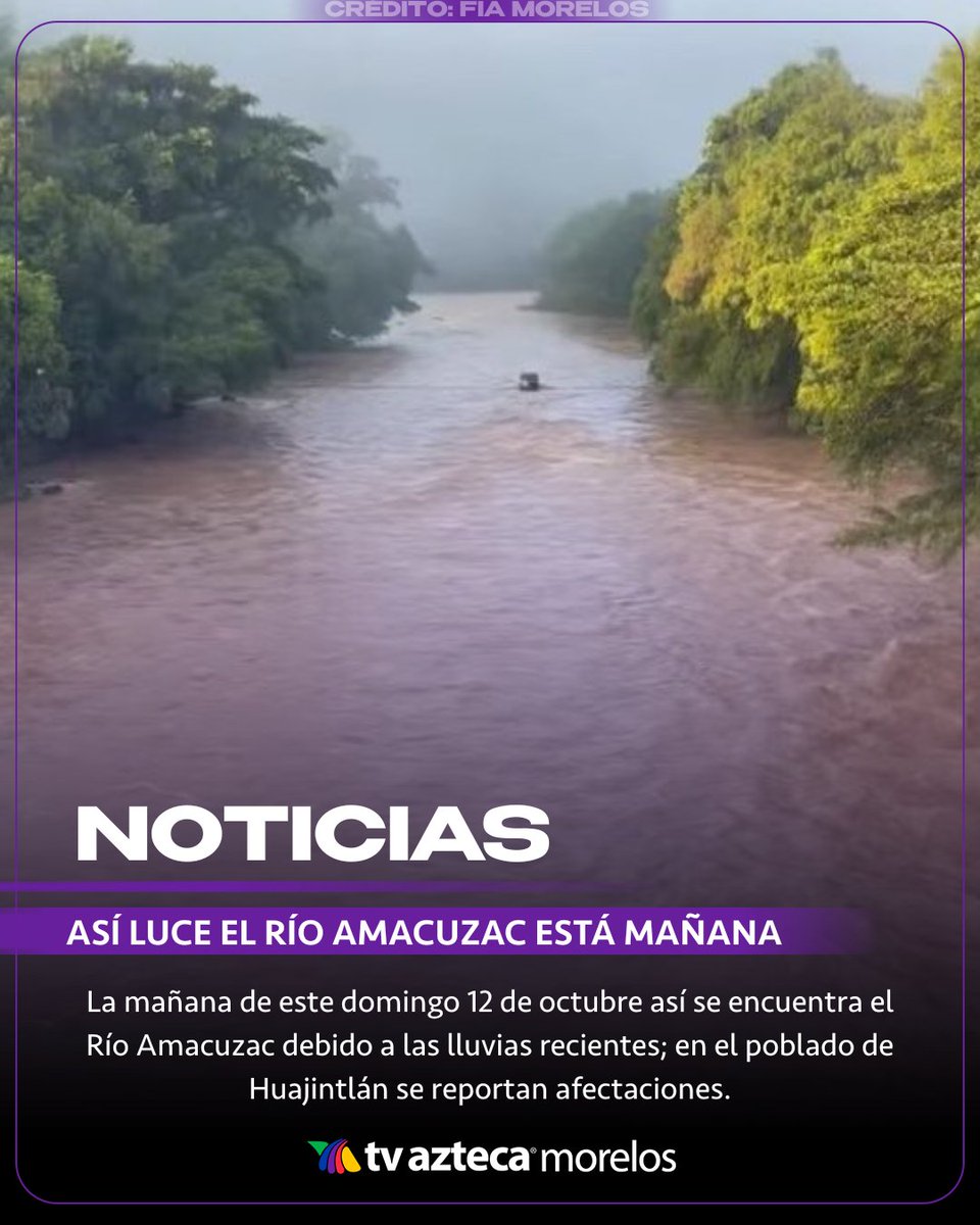 #Noticias l Así luce la mañana de este domingo 12 de octubre el río Amacuzac, donde en el poblado de Huajintlán se reportan afectaciones por un derrumbe provocado por las intensas lluvias.