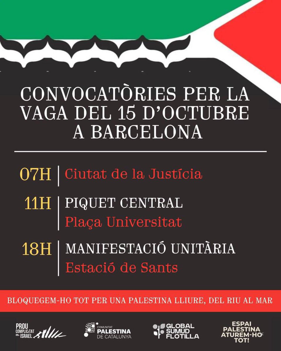 📢El 15 d'octubre vaga i manifestació unitària!

El 15-O ho aturem tot per Palestina❗️

Contra l'ocupació colonial i l'apartheid i per la fi del genocidi del poble palestí

📍18h a l'Estació de Sants, Barcelona

#VagaGeneral15O
#AturemElGenocidi 
#VagaxPalestina
#PalestinaLliure