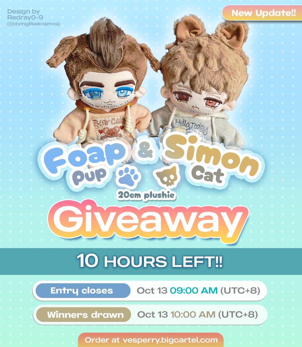 vesperry's tweet image. ⚡️LAST 10 HOURS!! ⚡️
The plushie giveaway is closing in 10 hours!! 
Final call to join before it ends! Don&apos;t miss your chance !! 
Winners drawn: Oct 13 10:00 (UTC+8)
👉Click the original post &amp;amp; join now!!
🛒Order here: vesperry.bigcartel.com
🌍Ships worldwide
#cod #ghost #soap