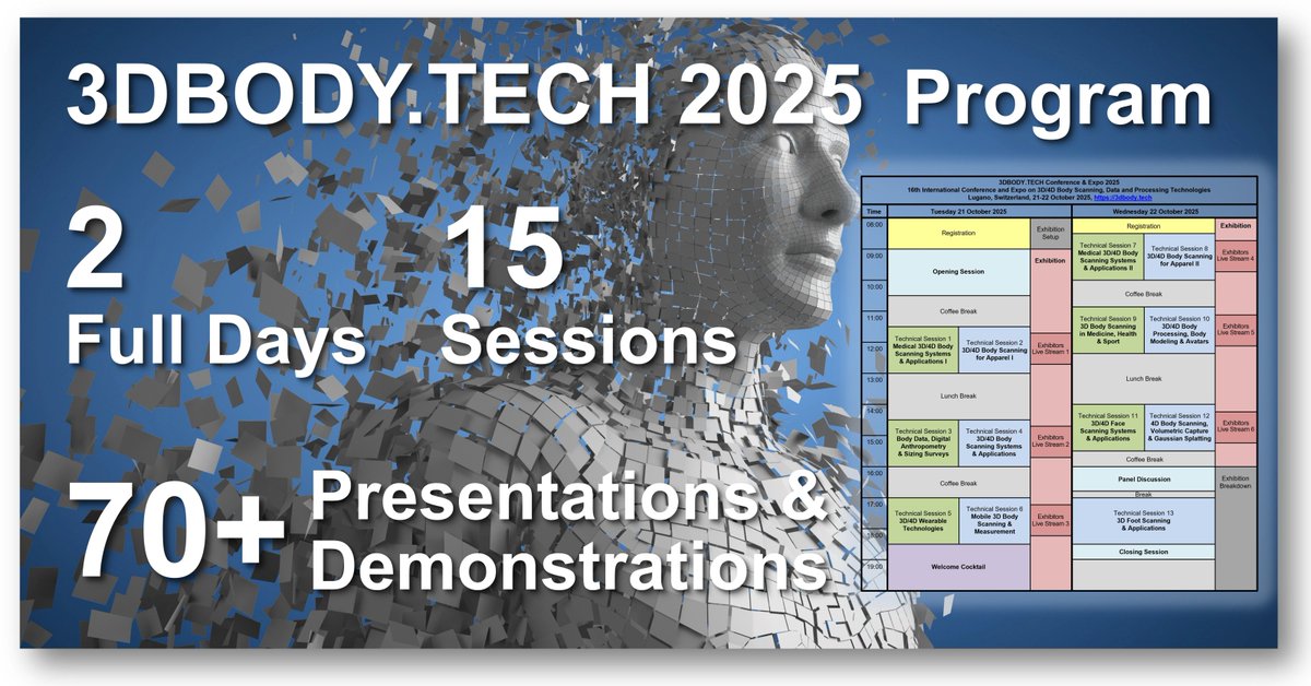 3dbodytech's tweet image. The full program of the 16th @3dbodytech conference &amp;amp; expo is available as PDF file at 3dbody.tech/conference.htm…
2 full days, 1 opening session, 13 technical sessions in  dual track, 1 plenary panel, 6 exhibitors live demonstrations  sessions, in total over 70 presentations.