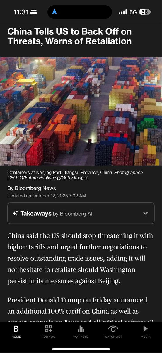 A screenshot of a news headline from China threatening retaliation.