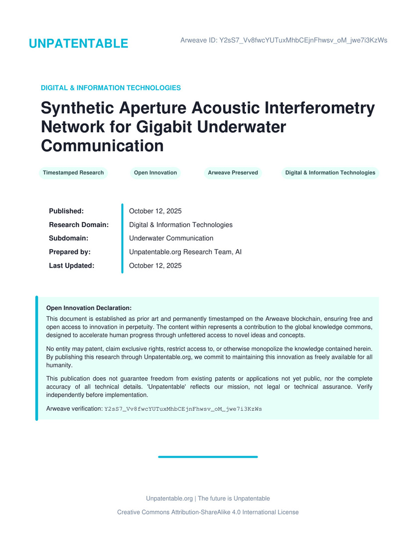 unpatentableorg's tweet image. 💻 Underwater gigabit internet, unlocked.
Radio astronomy tricks + acoustic interferometry = 10 Gbps at 100 km. The ocean is now 200 channels, not one.
Open source, forever.
ift.tt/o0bxrVN
#Unpatentable #DigitalTech