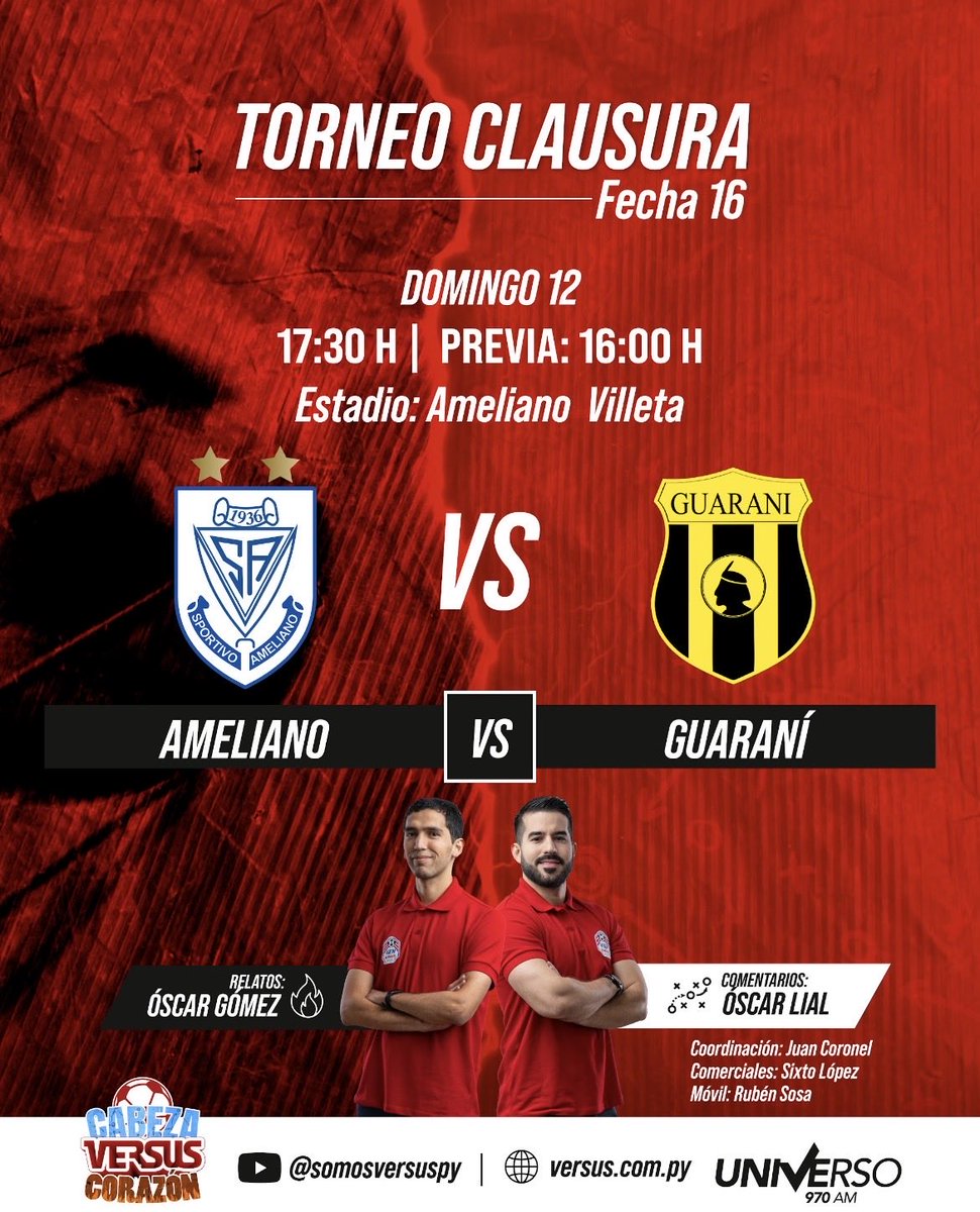 ¡El "Aurinegro" quiere doble festejo por su aniversario!

#Ameliani vs #Guaraní (17:30) 

📆#Fecha16 | 🏟 Ameliano-Villeta 
🏆📻 #Clausura2025 por @Universo970 y La Nueva 107. 5 FM (CDE).
📹YT: youtube.com/watch?v=1Zp0TV…
🎙Relata: <a href="/oscargv41/">Oscar Gómez</a> 
🎤Comentario: <a href="/LialOscar/">Oscar Lial</a> 
📲Móvil: