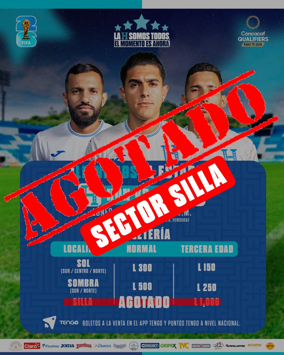🚨 ¡SILLA AGOTADA! 🚨

Gracias afición de Tegucigalpa y todo el país por responder con todo. 💙🤍💙
🎟️Aún quedan boletos en Sombra y Sol, ¡no te quedés fuera de la fiesta!

🇭🇳 Esta final la jugamos todos, El momento es AHORA.
Boletos a la venta en App Tengo y Puntos Tengo de todo