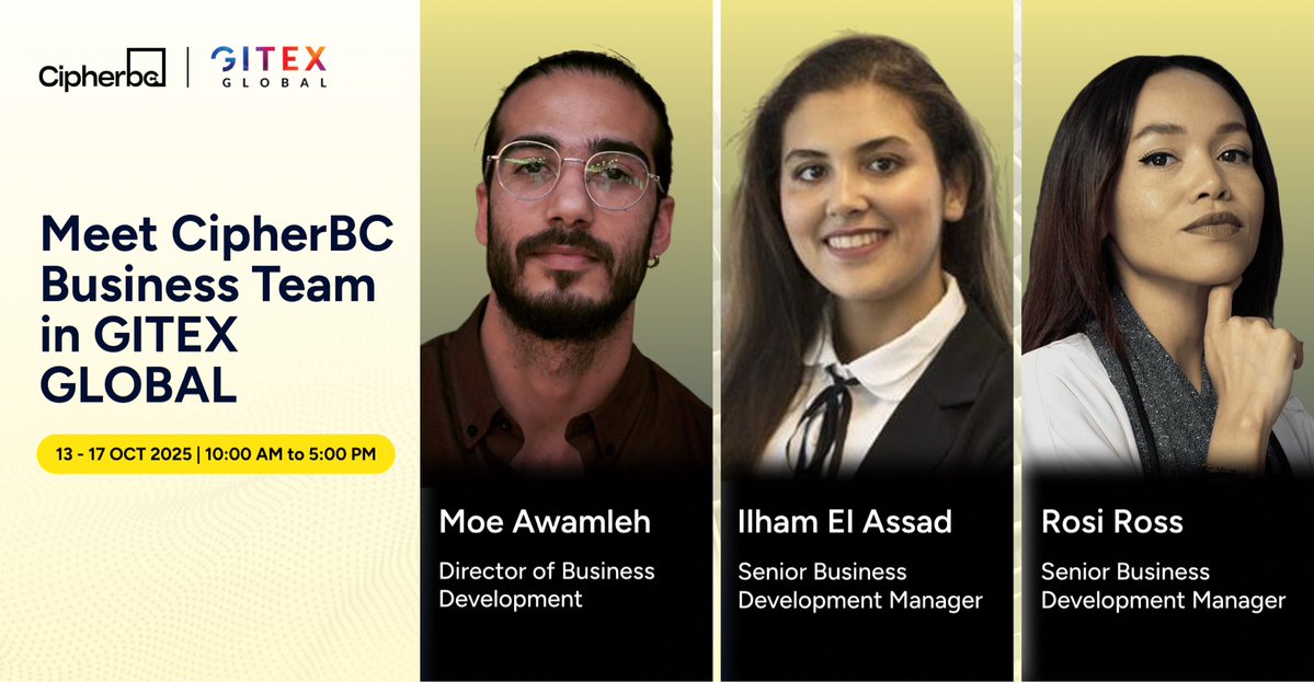 CipherBC's tweet image. 🤝 Let’s talk about #business, innovation, and the future of #digitalfinance management. 

At @GITEX_GLOBAL 2025, the #CipherBC business team is ready to meet you in Dubai!

We’re empowering #enterprises with #MPC-driven digital asset infrastructure, bridging traditional…