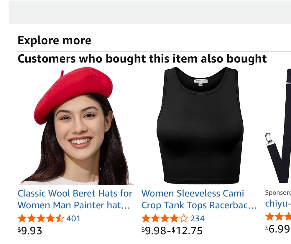 Fun fact: Currently if you’re looking to buy black suspenders, you’ll see that customers also frequently bought it with striped shirts, red berets, and red ascots.

Almost like a bunch of people are suddenly building a very specific outfit
