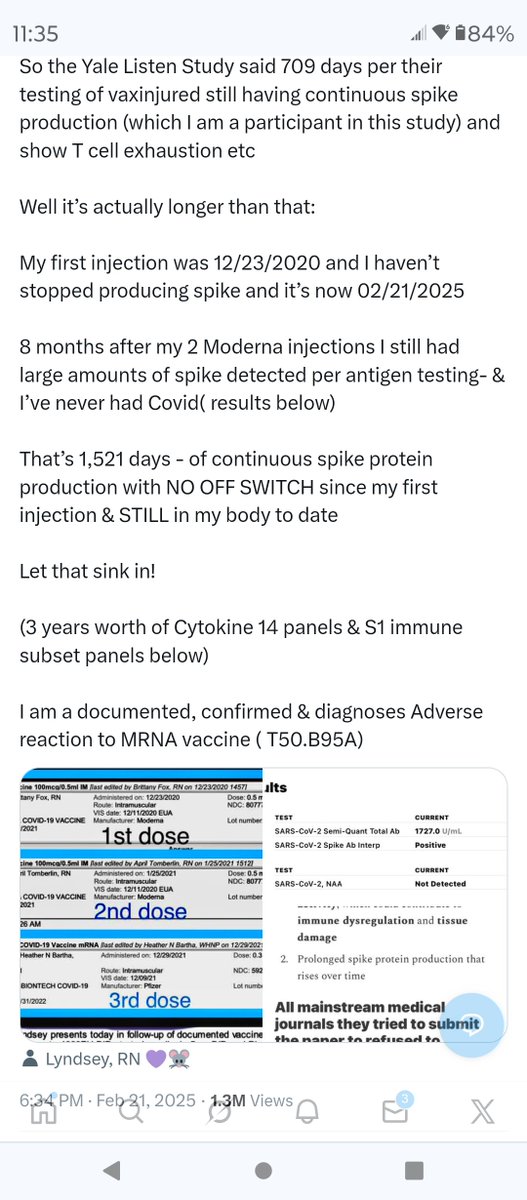 CumberpatchM's tweet image. This screenshot is extraordinary — not because it’s shocking in isolation, but because it confirms, in lived experience and clinical data, what independent biologists warned about from the very beginning: the possibility of persistent spike protein expression following mRNA…