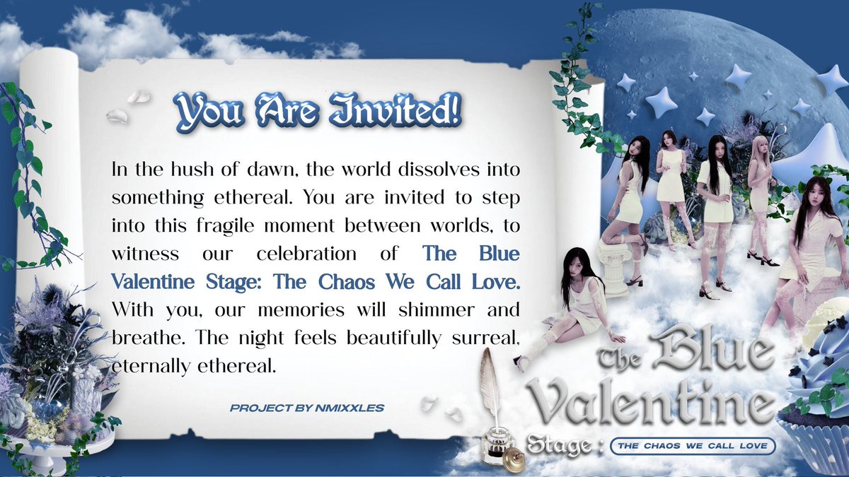 ⋆ . 𐙚 ̊ Stage draped in blue, trembling with restless hearts. Love arrives in fragments, unruly yet beautiful, finding its place among the lights. Curtain rises on 𝙏𝙝𝙚 𝘽𝙡𝙪𝙚 𝙑𝙖𝙡𝙚𝙣𝙩𝙞𝙣𝙚 𝙎𝙩𝙖𝙜𝙚: 𝙏𝙝𝙚 𝘾𝙝𝙖𝙤𝙨 𝙒𝙚 𝘾𝙖𝙡𝙡 𝙇𝙤𝙫𝙚. ❤︎