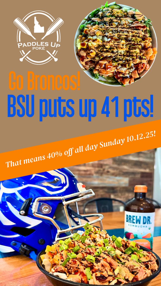 Thanks again to <a href="/paddlesuppoke/">Paddles Up Poké</a> for serving at our tailgate yesterday, and thank @broncosportsFB for drubbing New Mexico and getting you 40% off today at all locations!