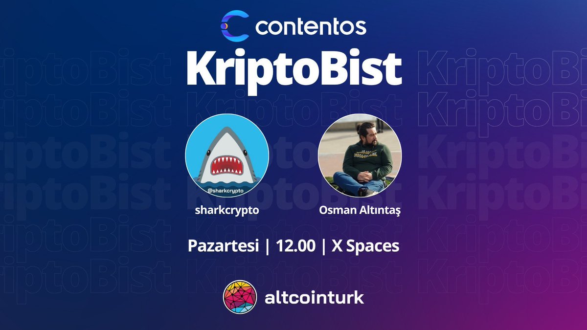 🎙️ <a href="/costurkiye/">Contentos Türkiye</a> katkılarıyla, <a href="/sharkcrypto/">sharkcrypto.eth ®</a> ve <a href="/osmanaltintas/">OSMAN ALTINTAŞ</a>’ın sunduğu, Türkiye'nin kripto paralar ve borsa üzerine en samimi programı #KriptoBist yarın saat 12.00’de.

Hatırlatıcı ayarlayın! 👇
x.com/i/spaces/1YpKk…