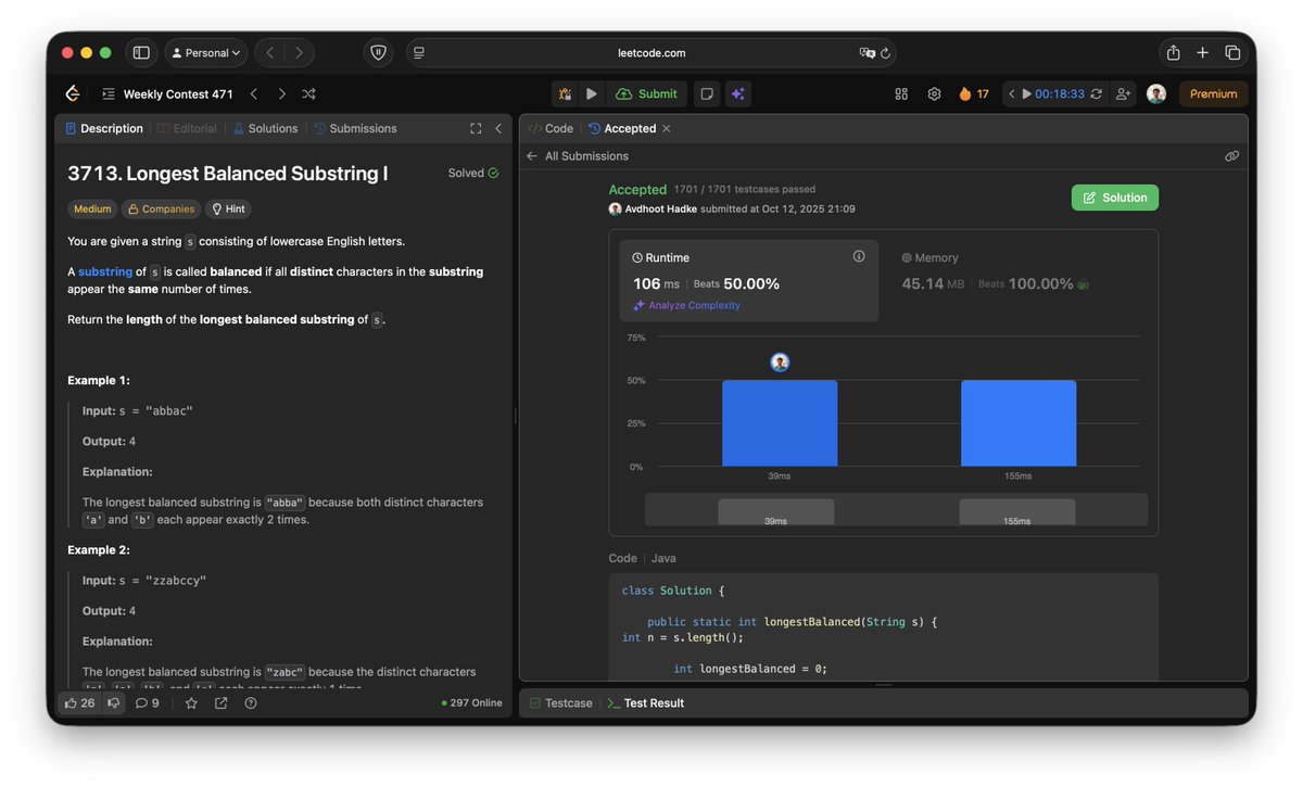 AvdhootHadke's tweet image. Day 90 of #100DaysOfCode #r2 #round2
DSA: Sum of Elements With Frequency Divisible by K &amp;amp; Longest Balanced Substring I.