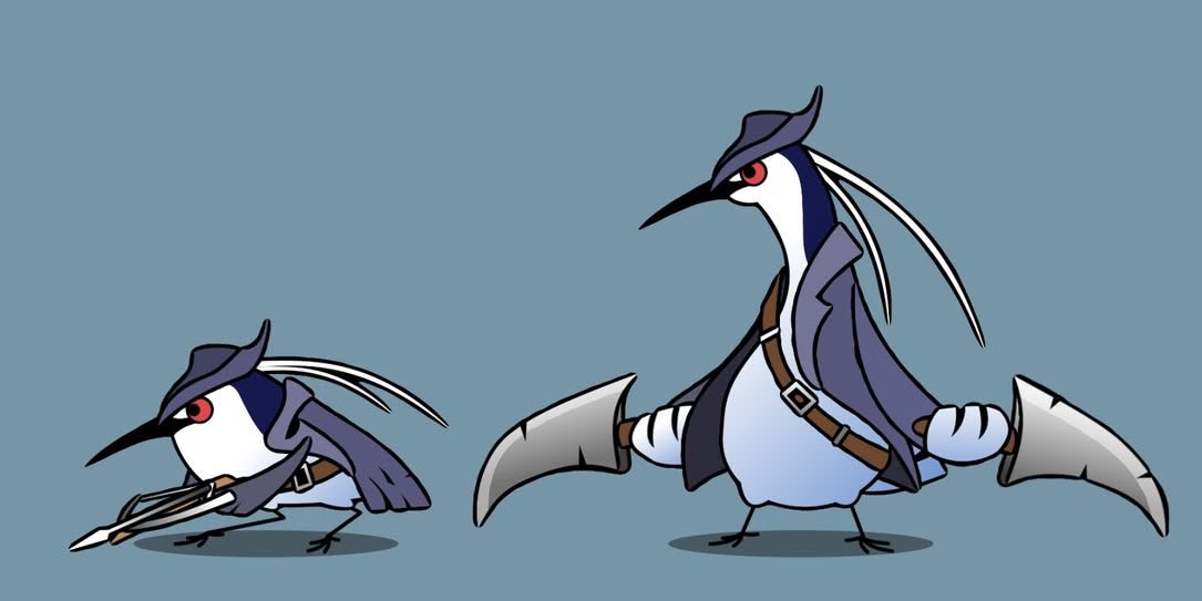 wildmotion1's tweet photo. Night Heron the Outsider
A tricky boss from the first arena — starts small with crossbow ambushes and stacks debuffs, then switches to dual blades for a brutal fight.

#Aviarena #indiegamedev #roguelike #cardbattler #bossfight #birdcharacter #indiegame https://t.co/1BEFCdLNUA