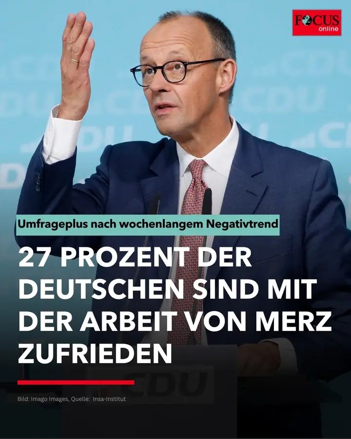 Es ist schon unglaublich was uns die Medien in #Deutschland als Erfolg und Sieg über die #AfD verkaufen wollen:
"SATTE 27% der Deutschen sind zufrieden?"  Heißt das nicht das 73% diesen Versager #Merz die Pest an den Hals wünschen?
#MerzIstVorbei

focus.de/politik/deutsc…