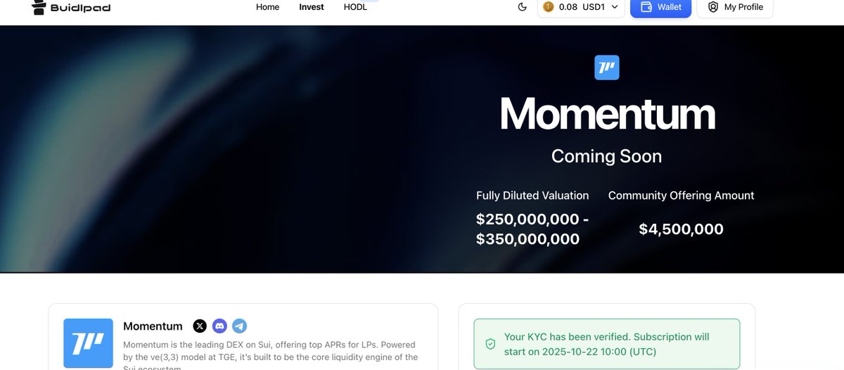 SkyBuiVND's tweet photo. 🚀 How to Join the Momentum Presale on Buidlpad 👋👋

BNB: $1,280.96
SUI: $2.695
Big opportunity ahead — Momentum Presale is now live on @buidlpad and this one looks 🔥

💰 Total raise: $4.5M $MMT
🎉 TGE: 100% unlocked instantly (no vesting)

🪩 Step 1 — Connect your Accounts
Go to 👉 https://t.co/TUcnwh1qB4
Connect both your X account and wallet (preferably the one that already interacted with Momentum).

🏆 Tier System

• Tier 1 — Best Price (FDV $250M)
✅ KYC required
✅ Stake ≥ $3,000 Momentum LP on Buidlpad (snapshot on Oct 25)

💡 Pro tip from Thin:
Add liquidity for the xSUI–SUI pair. The APR is only ~2.39% but it’s the safest route.

⇢ https://t.co/oJ77NRjLig

Swap SUI → xSUI, then go to Liquidity and add the xSUI–SUI pair.
• Tier 2 — Higher Price (FDV $350M, +40%)
✅ KYC only
❌ No staking required
🎖️ Priority Access (For Wagmi1 & Wagmi2 Participants)

If you joined previous Momentum campaigns, you get special privileges:
Buy at Tier 1 price ($250M FDV)

Higher allocation cap

No LP staking required

Just keep farming volume on the leaderboard:
⇢ https://t.co/oJ77NRjLig
⚠️ KYC = Must-Do
If your KYC isn’t approved, you can’t participate, no matter what tier or how much LP you hold.
So don’t skip this — it’s the golden ticket! 🎟️

🕓 Timeline

1️⃣ Subscription + KYC (Oct 22–25)

Register & complete KYC on Buidlpad.

No deposit yet, but you must subscribe to be eligible.

2️⃣ Contribution (Deposit) (Oct 27–28, 24 hours)

Pay in BNB (BSC), SUI (Sui), or USD1 (BEP-20).
Min: $50. Max: depends on your tier/staking.

If oversubscribed → allocations are pro-rated and refunds sent.

3️⃣ Settlement (Oct 31)
Final allocations revealed + refunds processed.

4️⃣ Claim (at TGE)

Claim 100% of tokens directly on Buidlpad.

Note: 3.5% claim fee applies if allocation > $50.

💥 Creator Rewards — 30% Allocation Pool

Content creators & community builders can earn priority allocations ($150+ unlocked).

Requirements:

Create an original Spotlight on Momentum (tweet, video, or article).

Tag @MMTFinance + @buidlpad.

Add Ⓜ️Ⓜ️T to your X profile name.

Submit content between Oct 15–22.

🧠 Yap to Earn XP

Aside from the Presale, you can Yap to boost your XP and strengthen your position in Buidlpad’s ecosystem.

Just post or reply naturally with tags:
#MMTFinance #Momentum @MMTFinance

Consistent, organic engagement = higher XP and better recognition.

📅 Quick Recap Timeline

Oct 15–22: Submit content

Oct 22–25: KYC + Subscription

Oct 27–28: Contribution window

Oct 31: Final allocations + refunds

TGE: 100% claim

Momentum’s building serious energy — strong fundamentals, fair system, and full unlock at TGE.
Let’s get in early, yap smart, and secure our spots 🚀

#Momentum #MMTFinance #Buidlpad