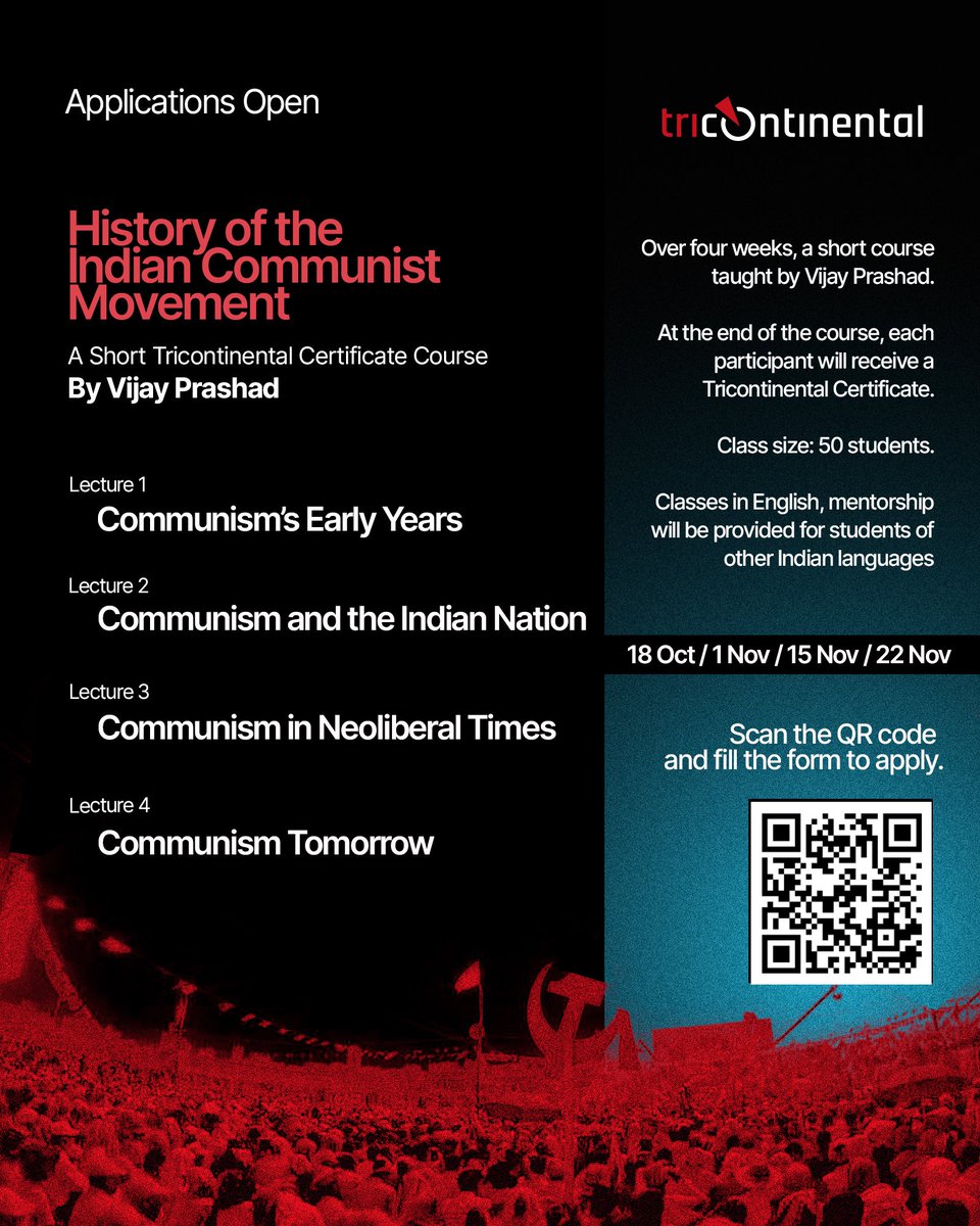 Join our 4 Weekend short course: History of the Indian Communist Movement by <a href="/vijayprashad/">Vijay Prashad</a> starting on 18th October, 7pm IST. 
Apply here : forms.gle/At19GJ1Dd1rGFi…