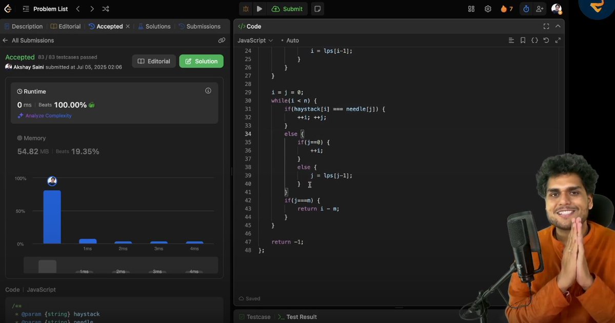 Zaryab_005's tweet image. Day 54 of #100DaysOfCode

Revised the KMP Algorithm &amp;amp; coded it from scratch!

Not gonna lie — took me ages to digest  but damn, the pattern matching efficiency is worth it!

Slowly falling in love with string algorithms 💻✨

#DSA #LeetCode #KMP #CodingJourney #WomenWhoCode